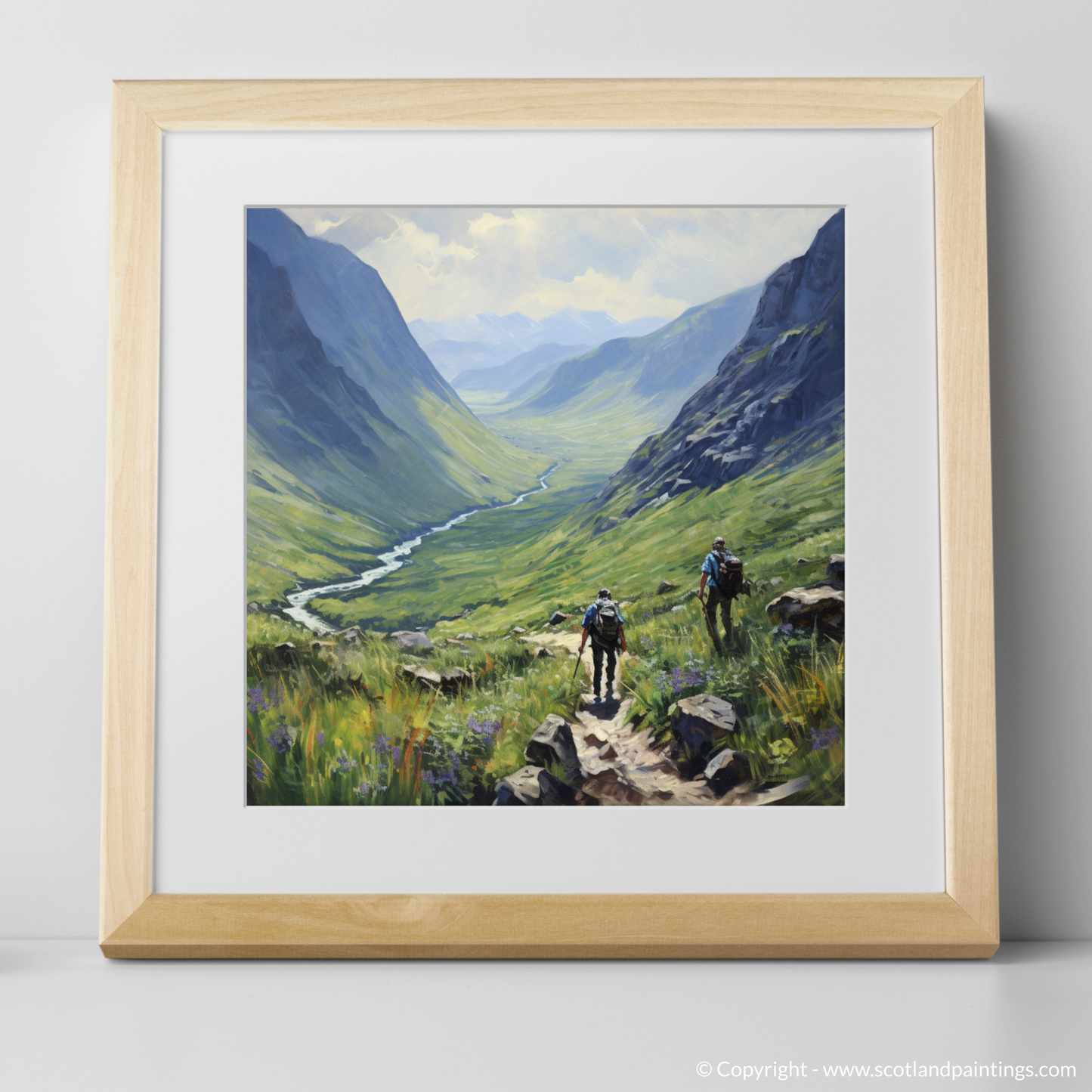 Art Print of Hikers in Glencoe with a natural frame