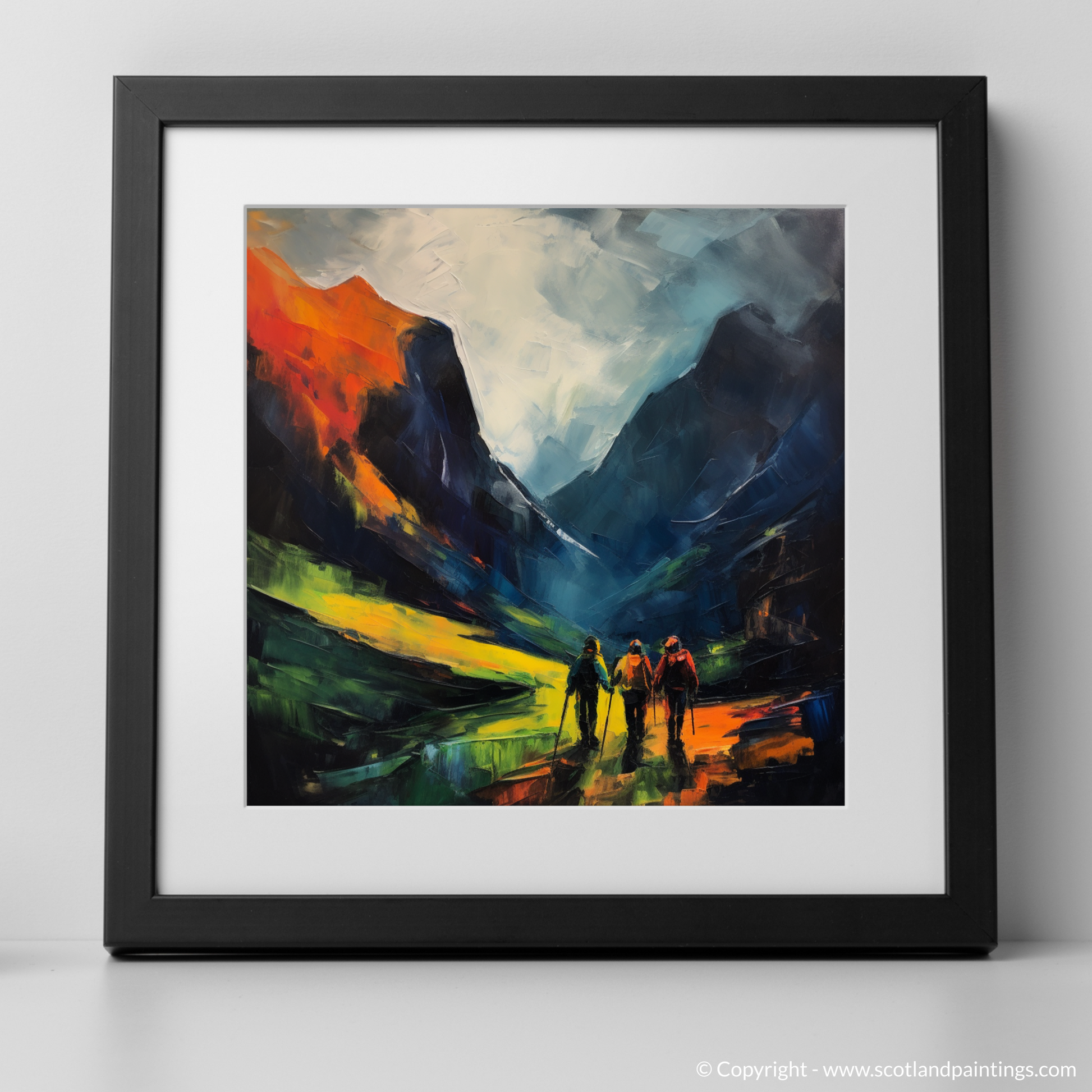 Art Print of Hikers in Glencoe with a black frame