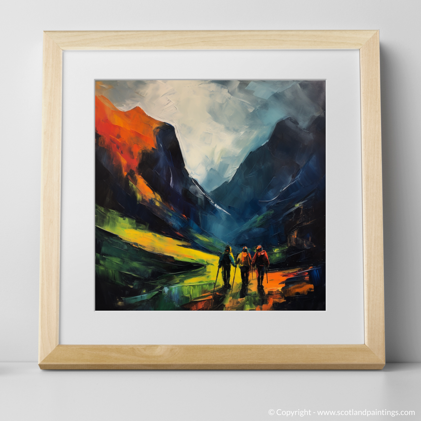 Art Print of Hikers in Glencoe with a natural frame