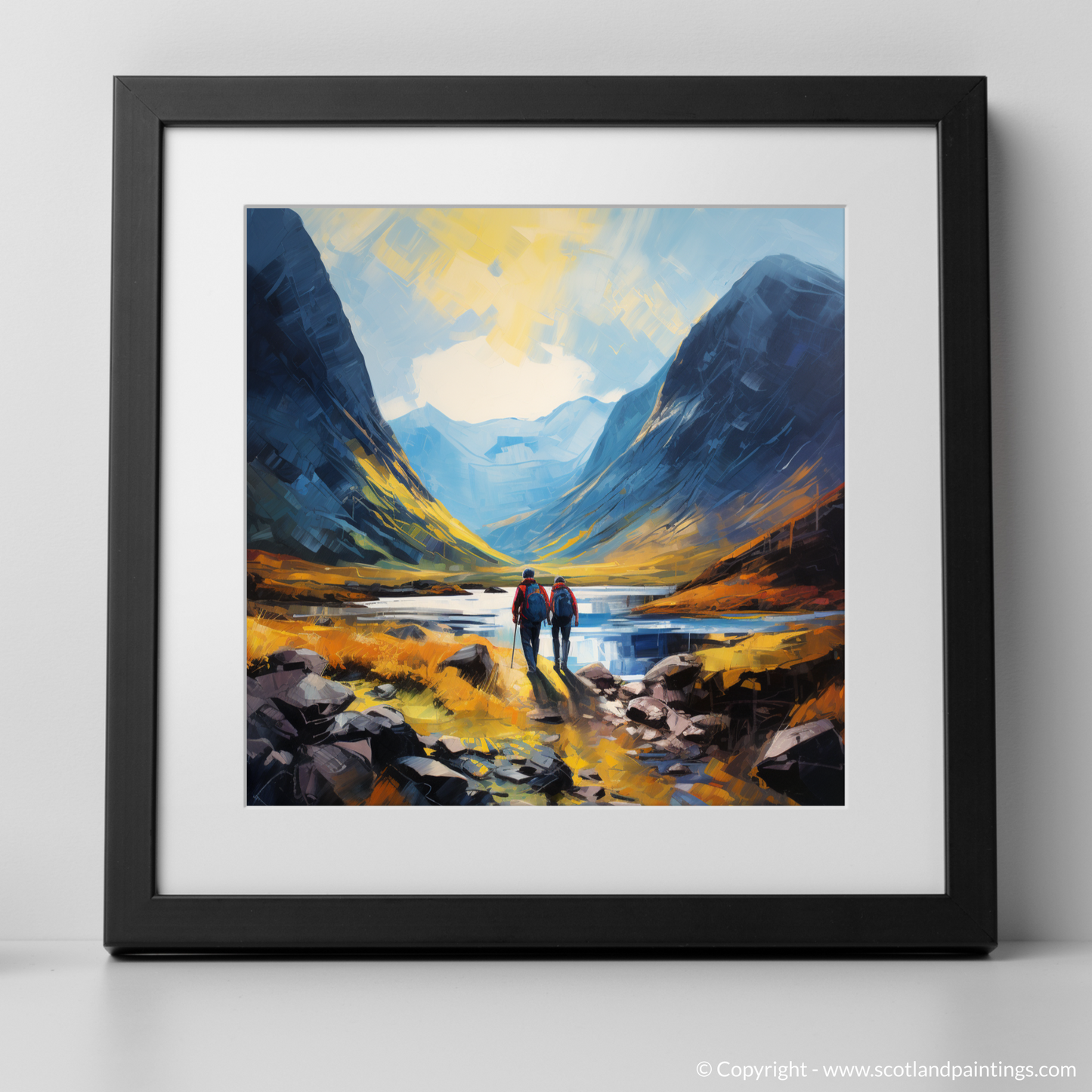 Art Print of Hikers in Glencoe with a black frame