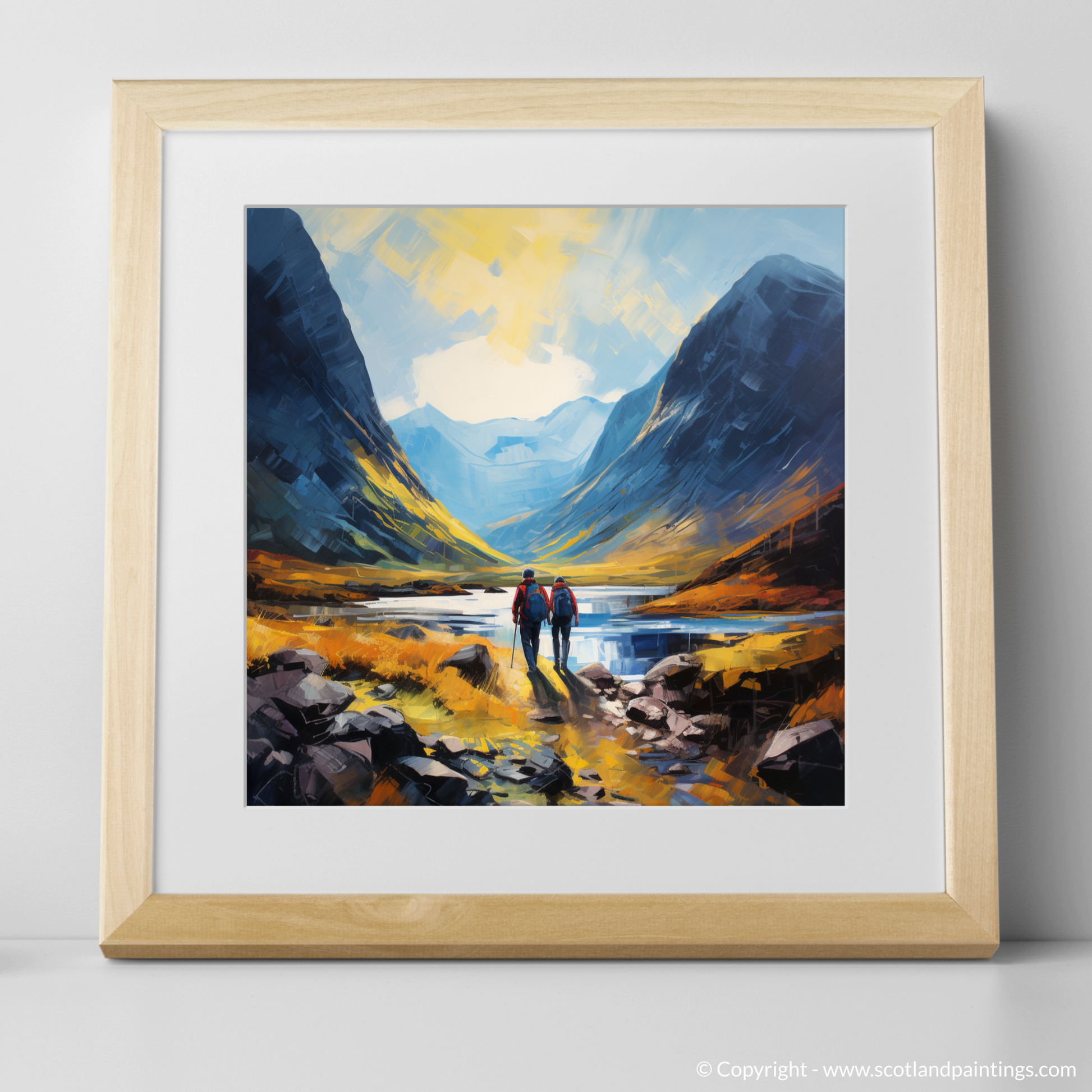 Art Print of Hikers in Glencoe with a natural frame