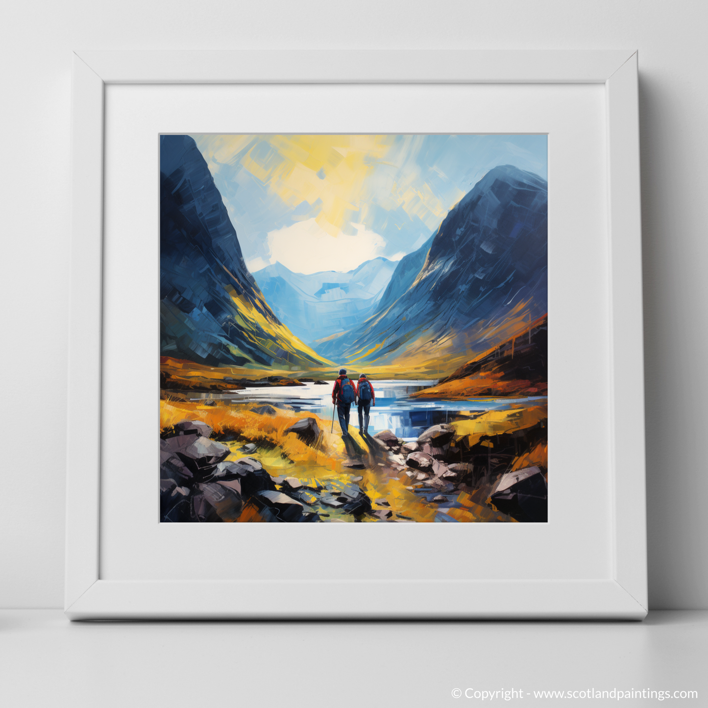 Art Print of Hikers in Glencoe with a white frame