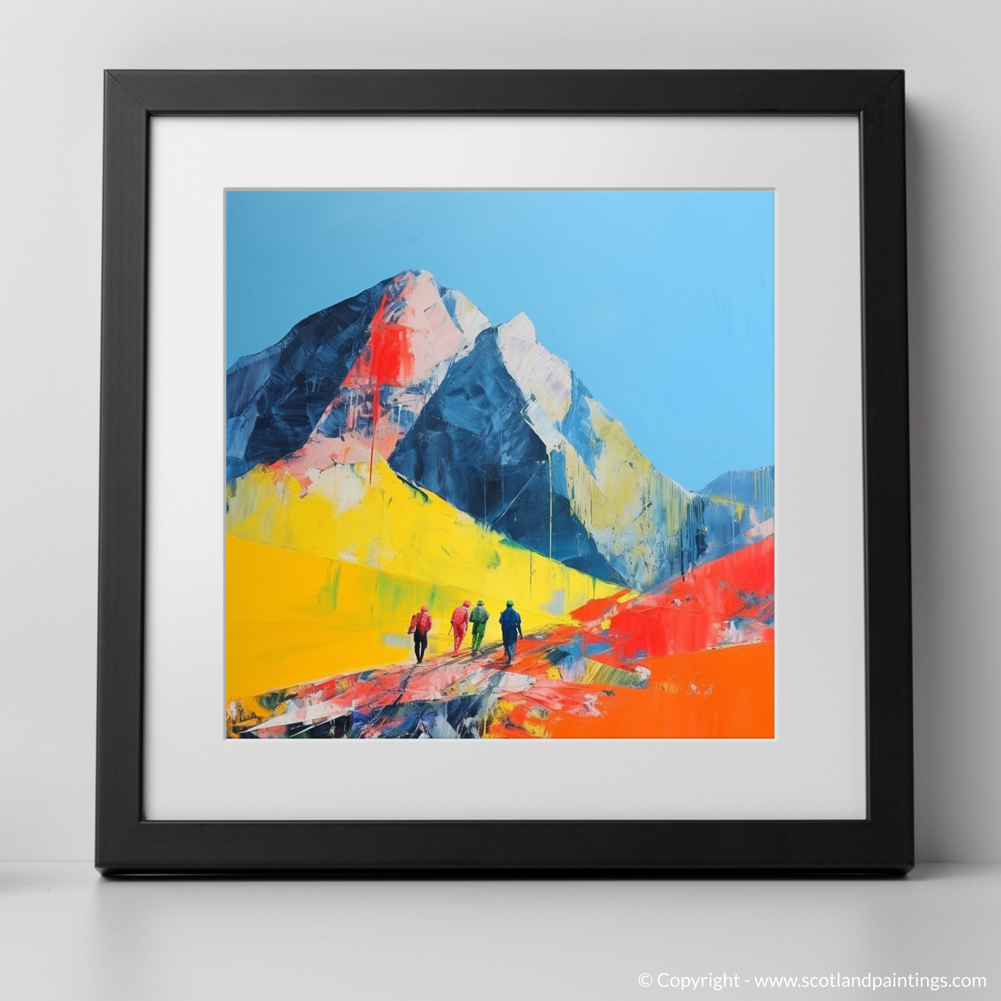 Painting and Art Print of Hikers in Glencoe. Hikers in Glencoe: A Minimalist Ode to Scotland's Wild Terrain.