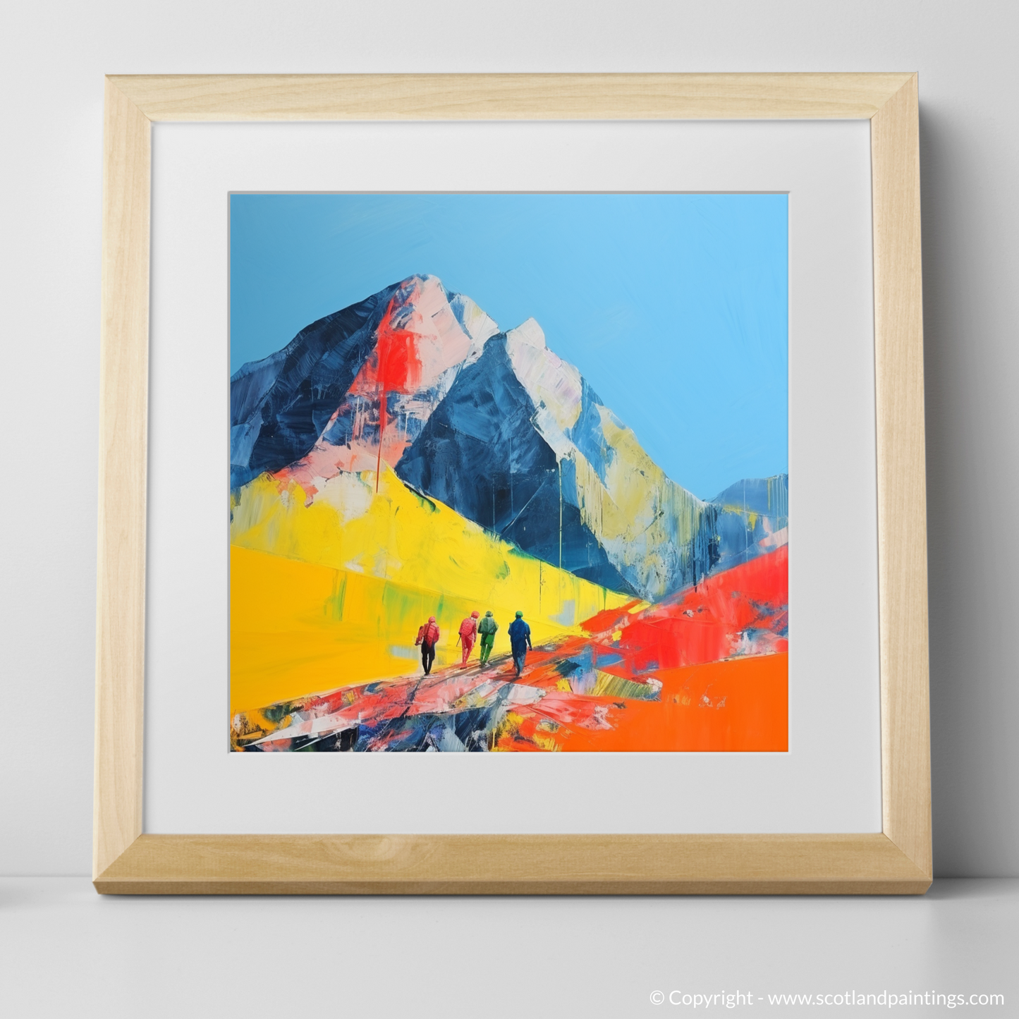 Painting and Art Print of Hikers in Glencoe. Hikers in Glencoe: A Minimalist Ode to Scotland's Wild Terrain.