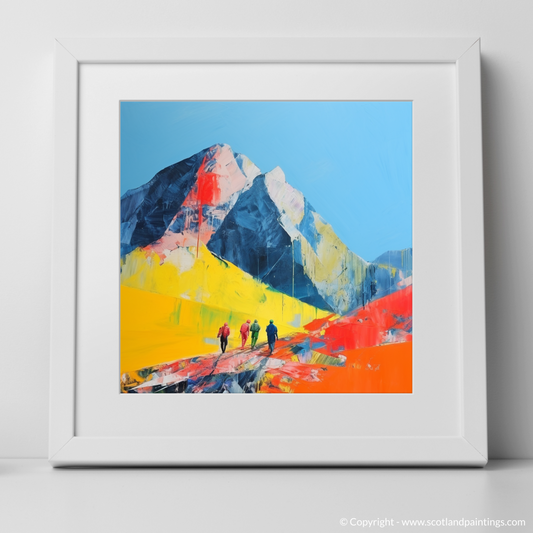 Painting and Art Print of Hikers in Glencoe. Hikers in Glencoe: A Minimalist Ode to Scotland's Wild Terrain.