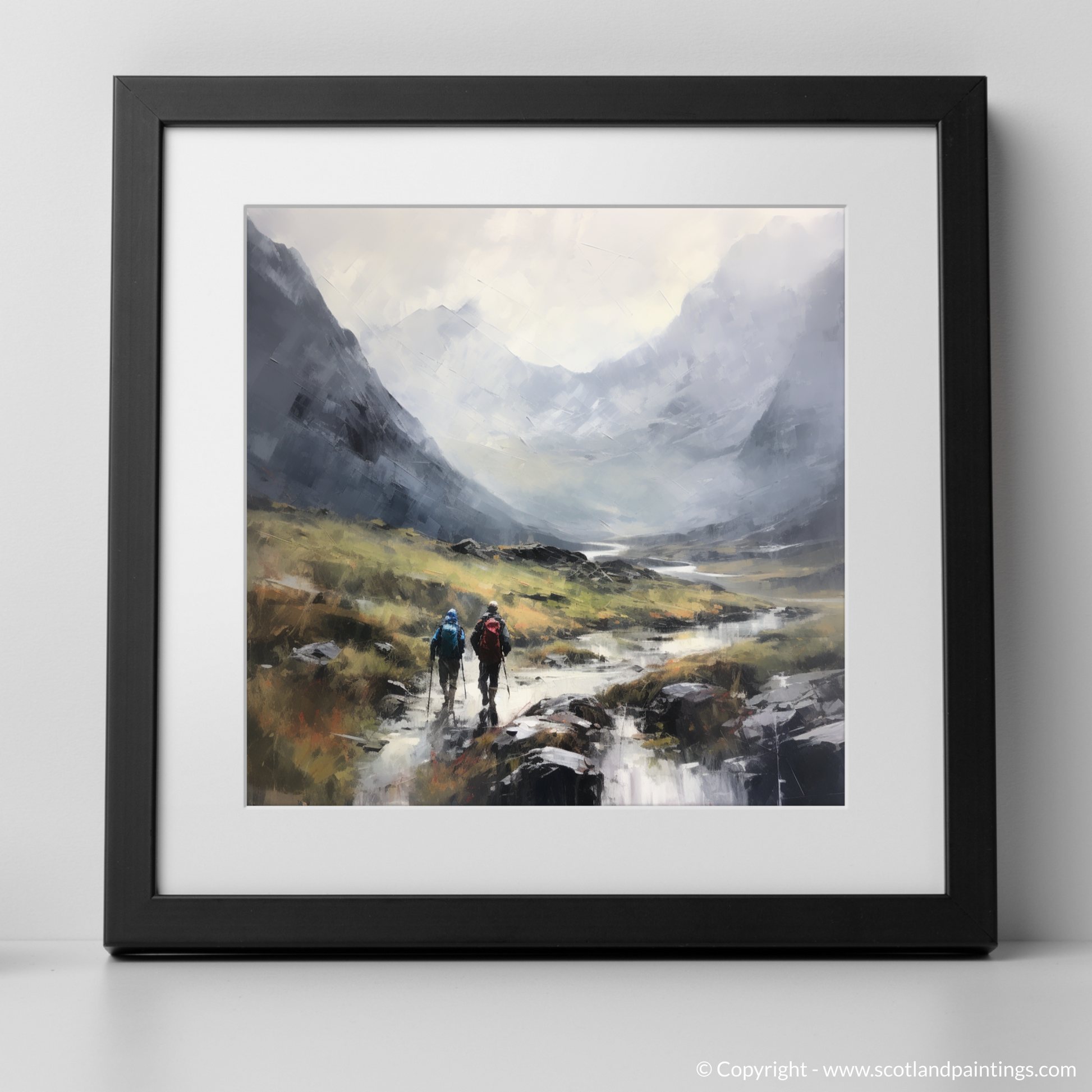 Art Print of Hikers in Glencoe with a black frame