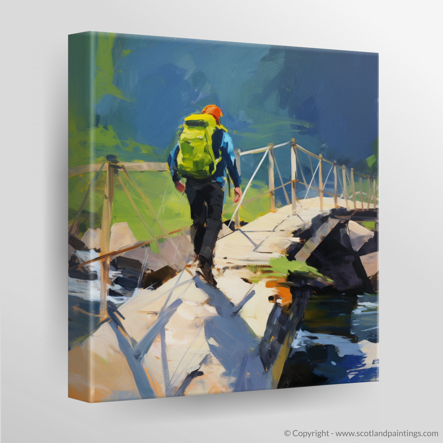 Backpacker's Journey Across Glencoe's Rustic Bridge