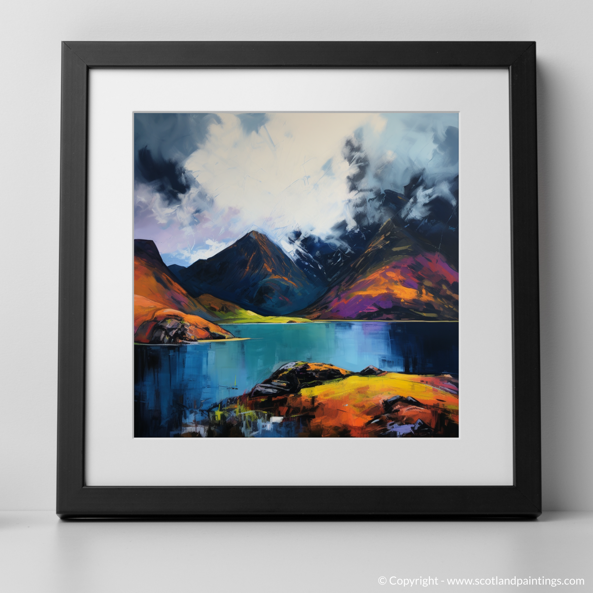 Art Print of Loch Coruisk with a stormy sky with a black frame