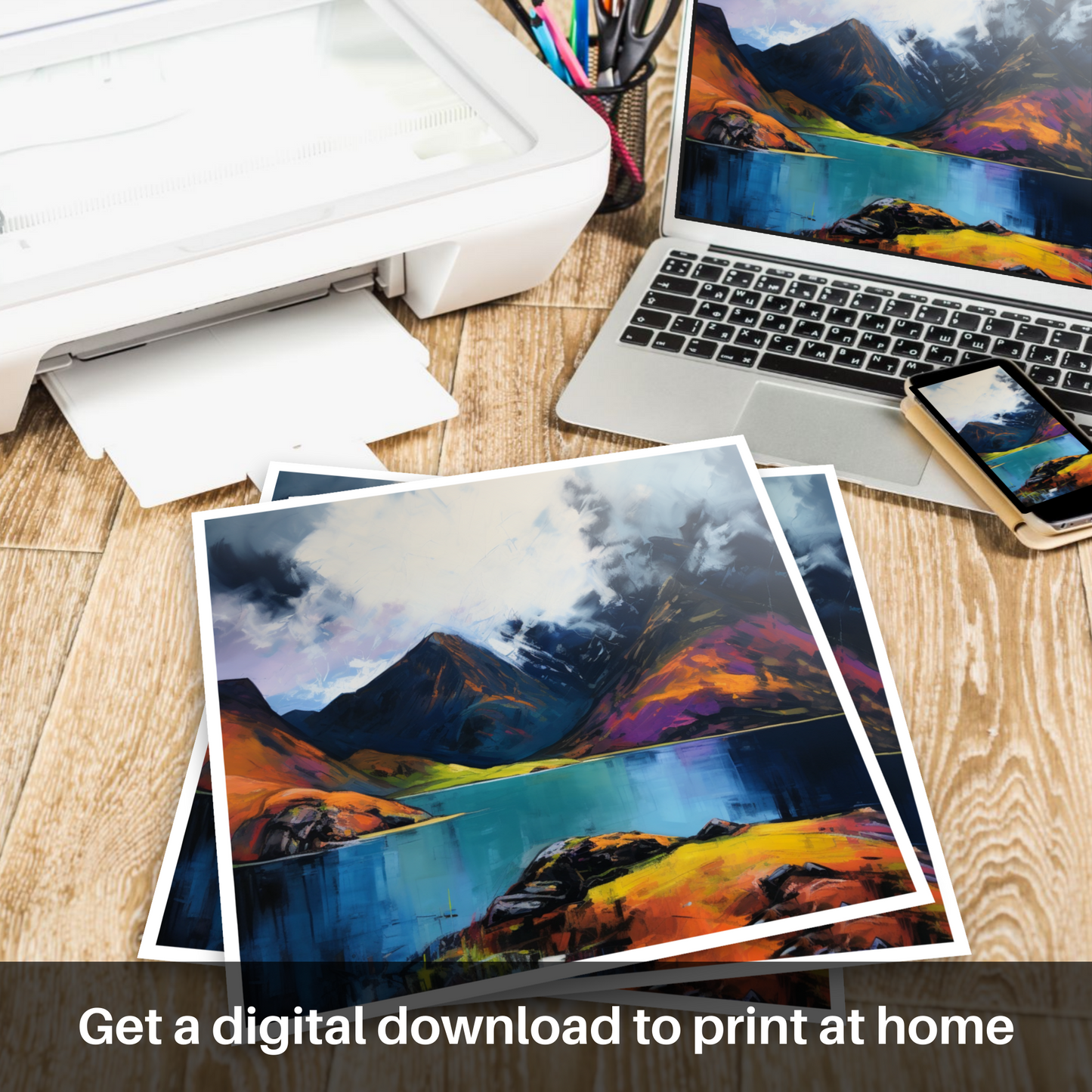 Downloadable and printable picture of Loch Coruisk with a stormy sky