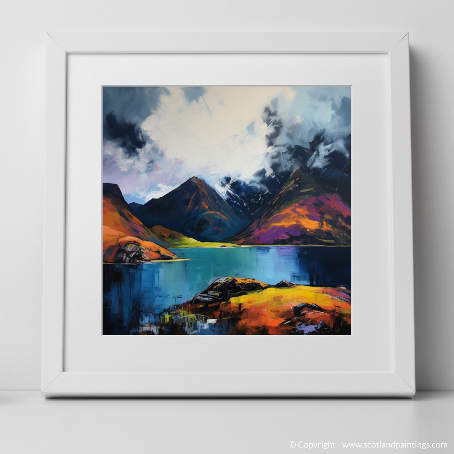 Art Print of Loch Coruisk with a stormy sky with a white frame