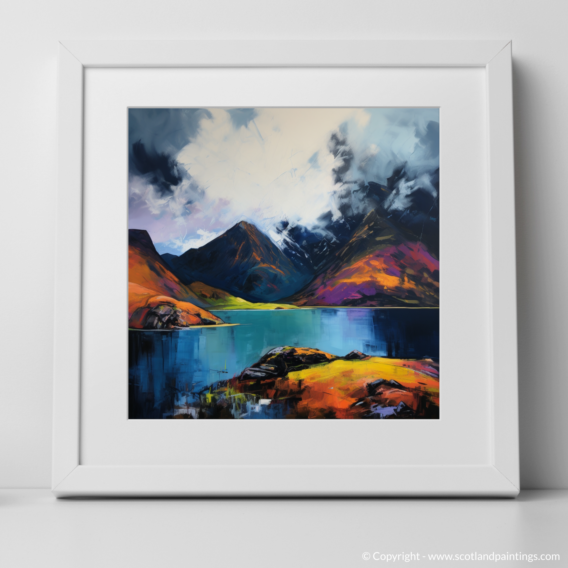 Art Print of Loch Coruisk with a stormy sky with a white frame