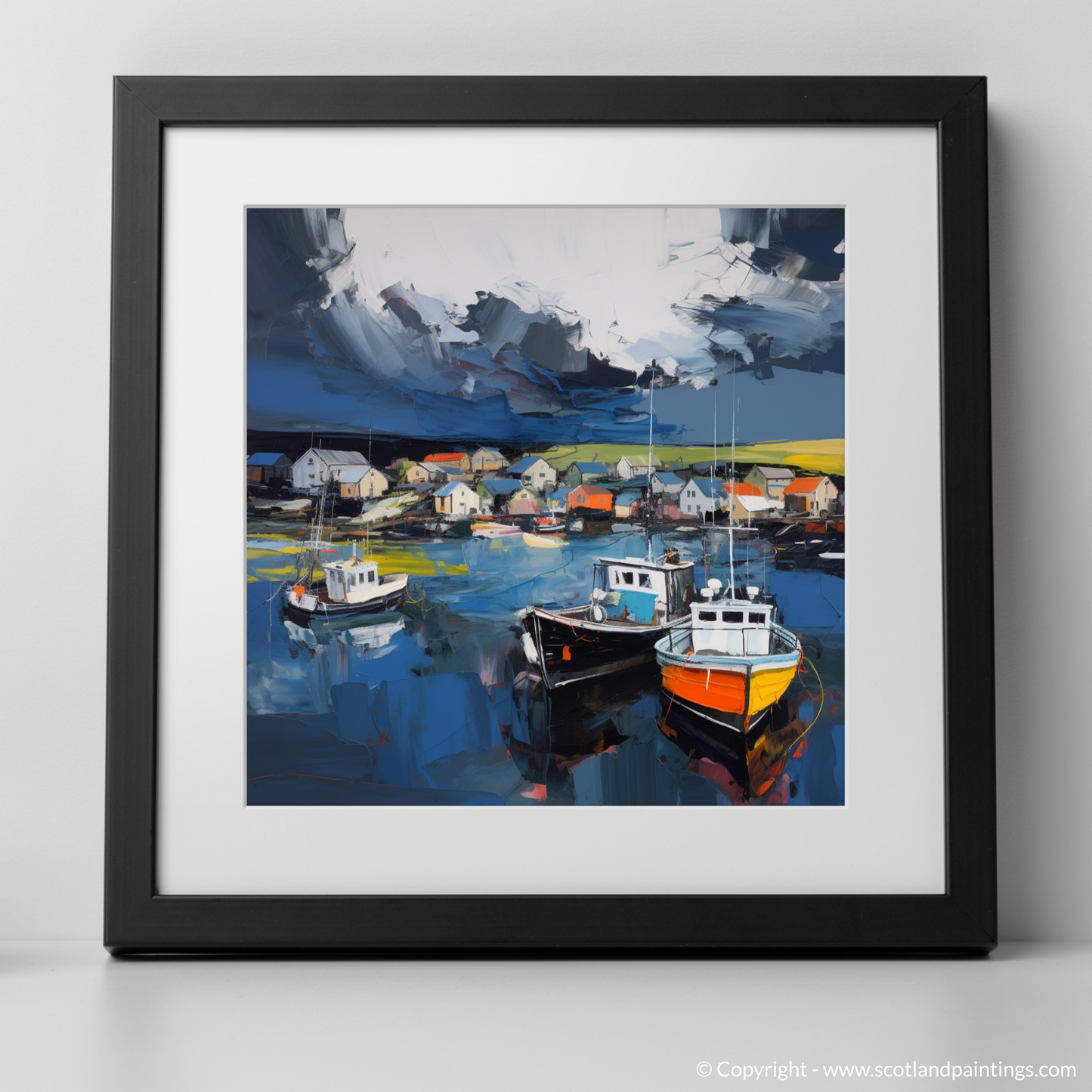 Art Print of St Abba's Harbour with a stormy sky with a black frame