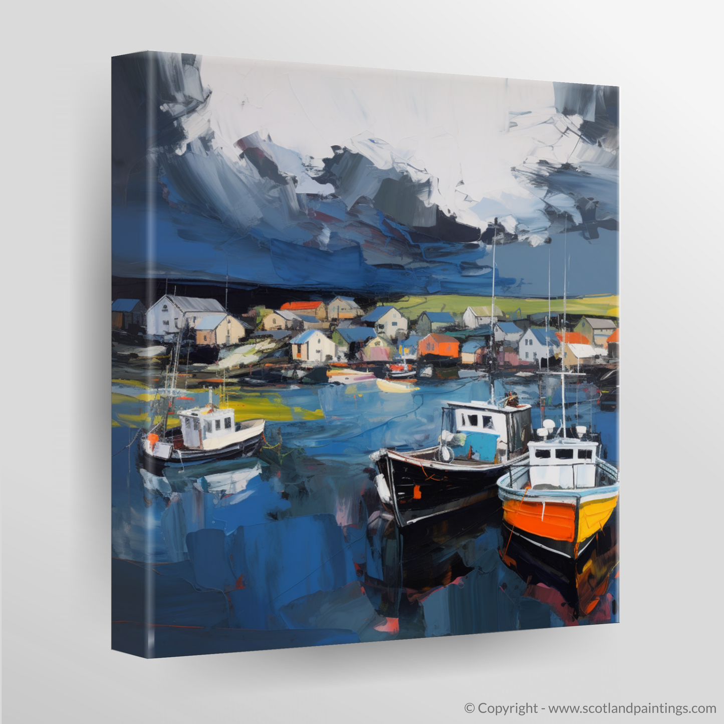 Canvas Print of St Abba's Harbour with a stormy sky