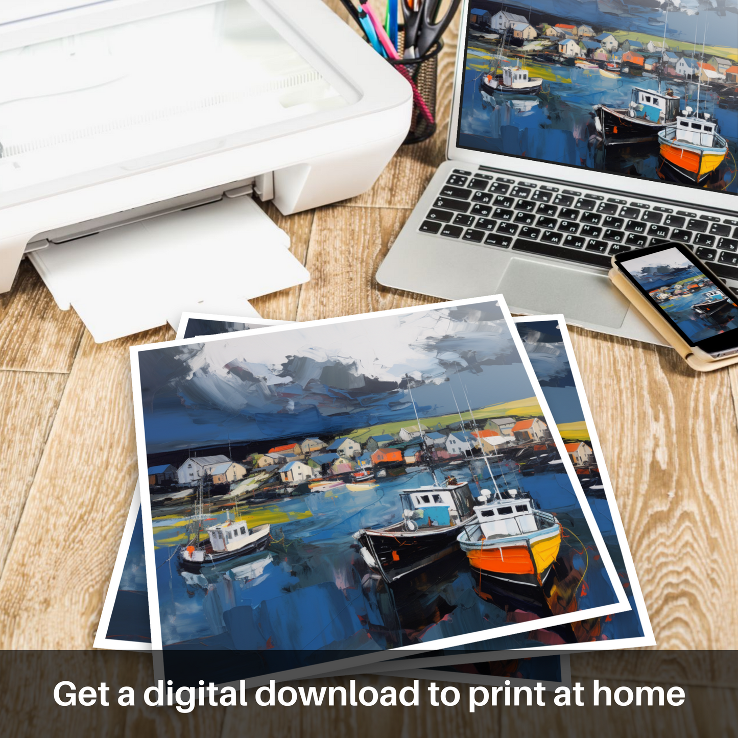 Downloadable and printable picture of St Abba's Harbour with a stormy sky