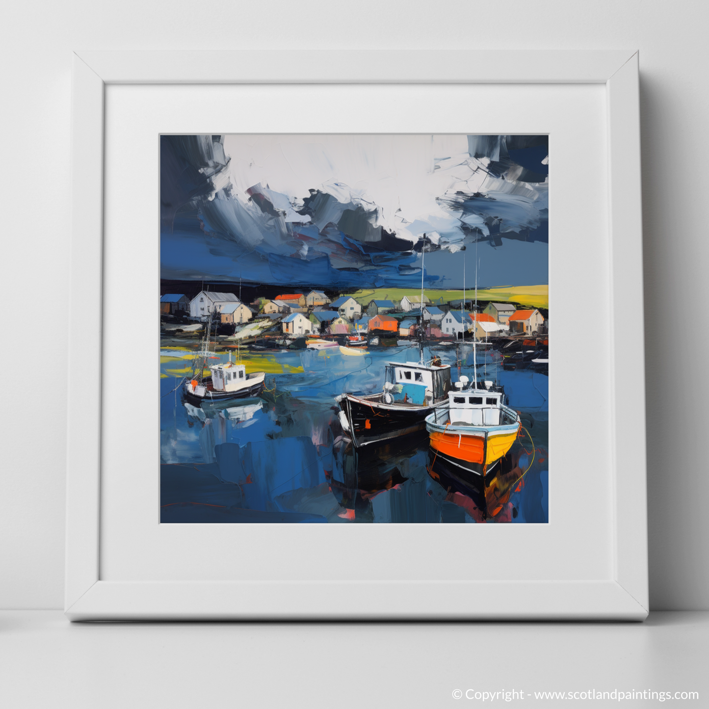 Art Print of St Abba's Harbour with a stormy sky with a white frame