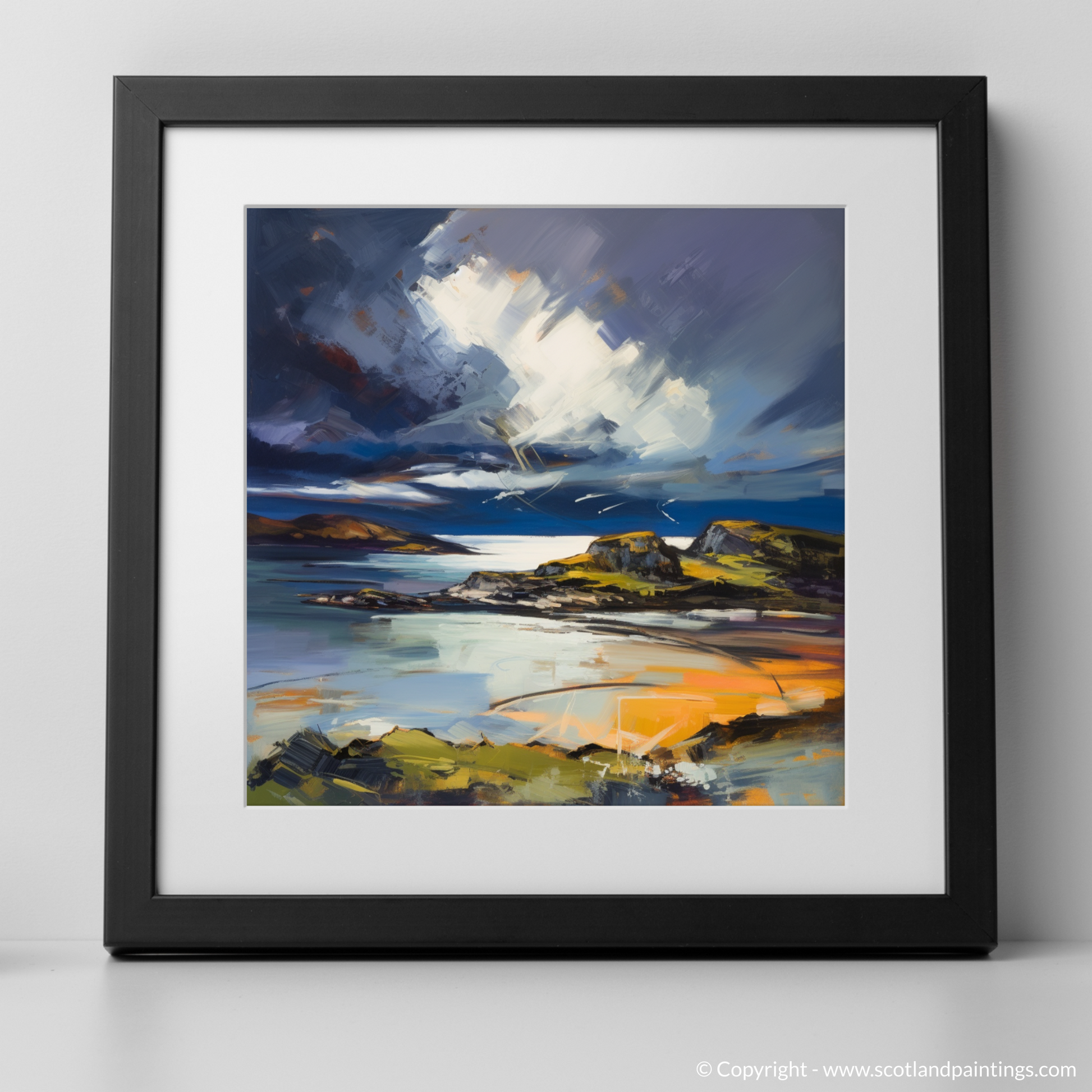 Art Print of Lochinver Bay with a stormy sky with a black frame
