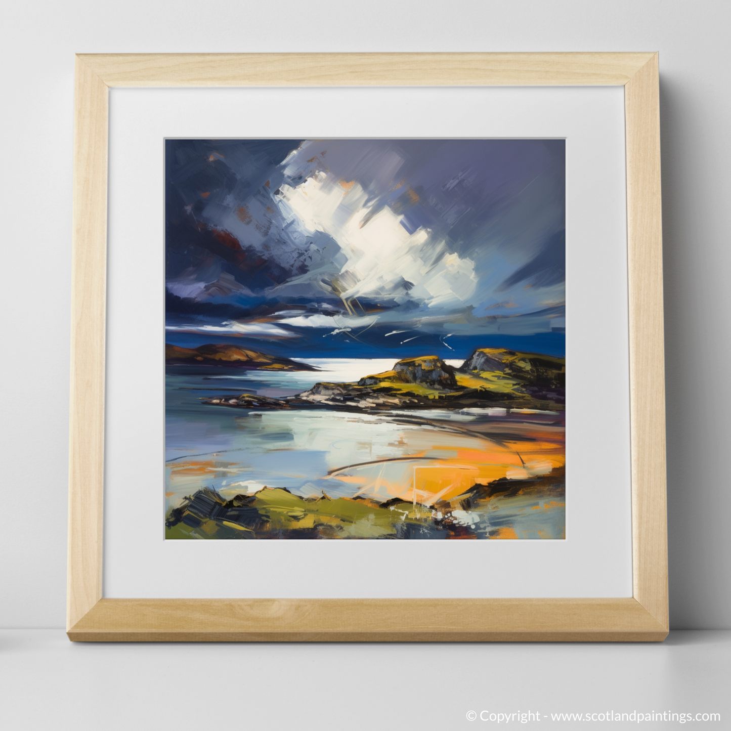 Art Print of Lochinver Bay with a stormy sky with a natural frame