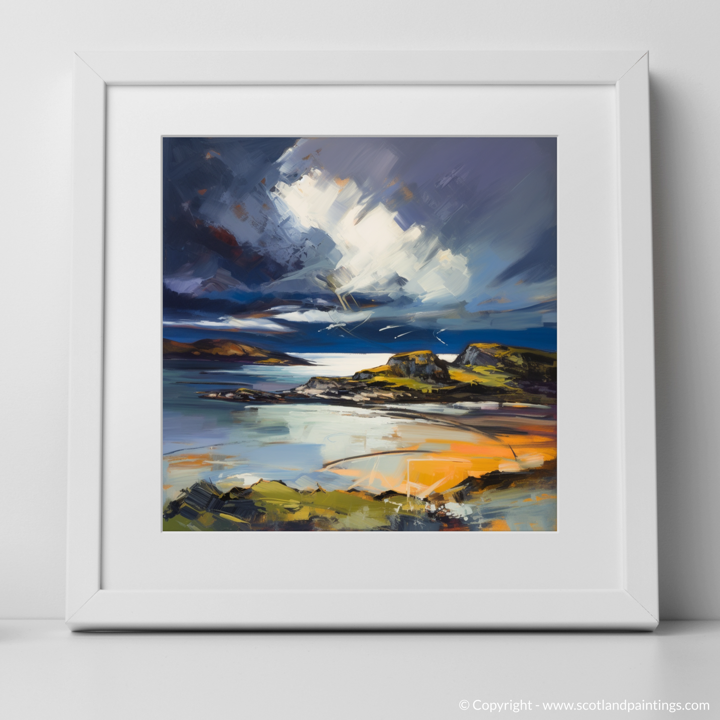 Art Print of Lochinver Bay with a stormy sky with a white frame