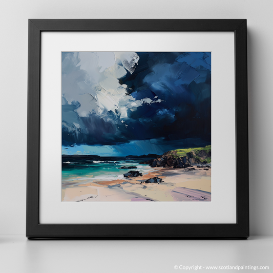 Art Print of Balnakeil Bay with a stormy sky with a black frame