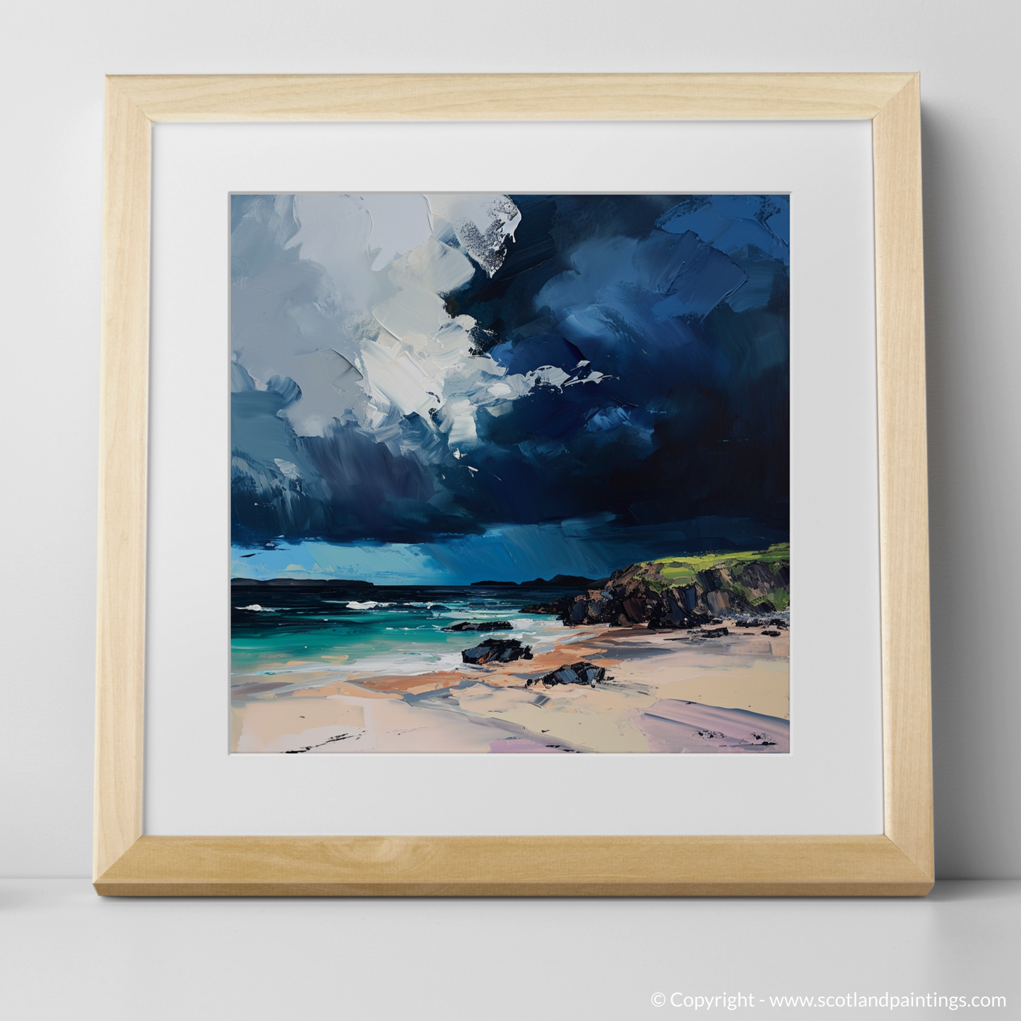 Art Print of Balnakeil Bay with a stormy sky with a natural frame