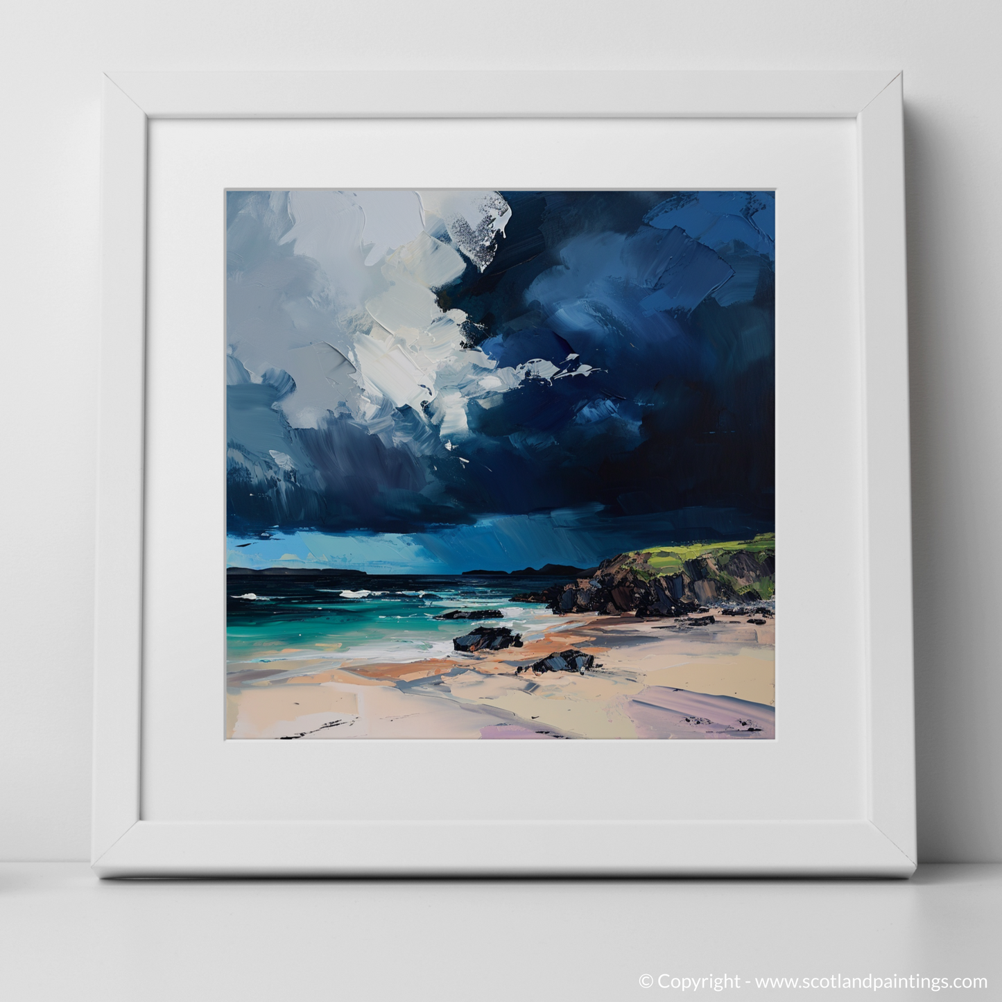 Art Print of Balnakeil Bay with a stormy sky with a white frame